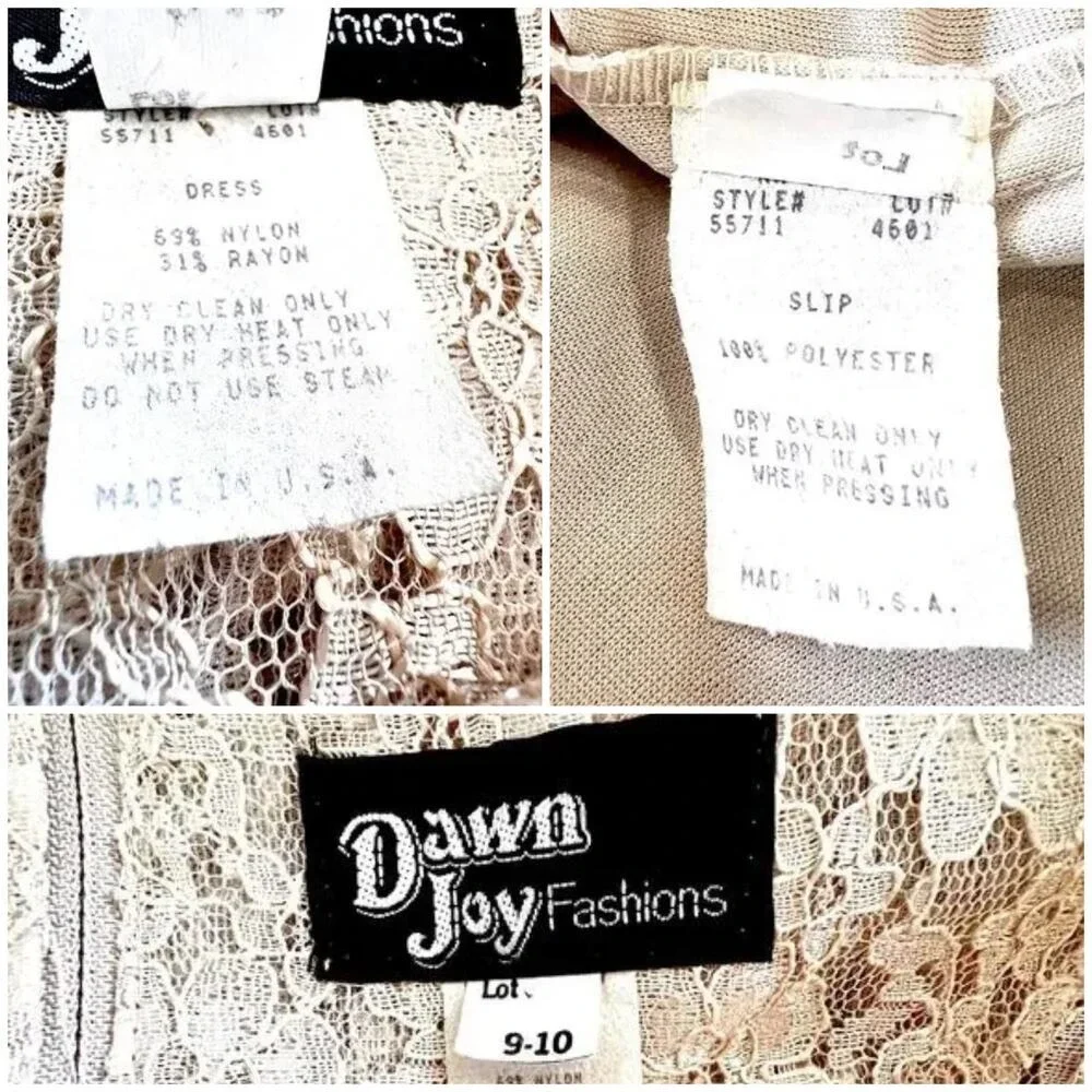 Vintage‎ Dawn Joy Womens Dress 9 10 Beige Lace Sheer Midi Cottage Wedding Nylon